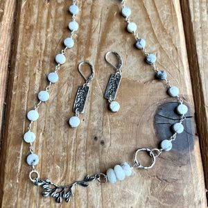 Sterling and Howlite Necklace & Earring Set w Nature Theme:  Branches & Leaves